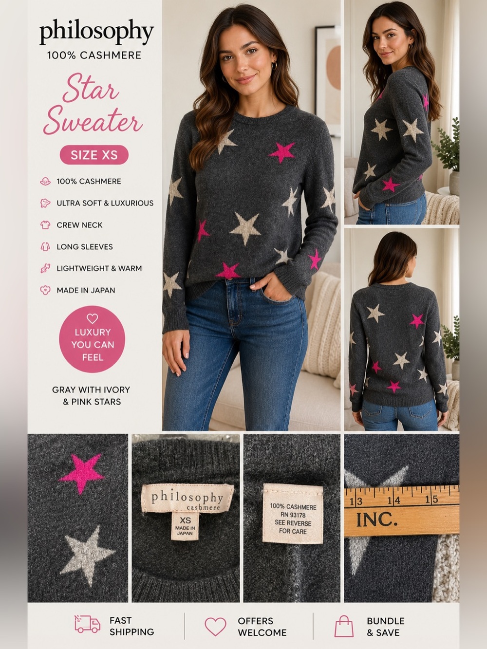Philosophy 100% Cashmere Star Sweater XS Gray Pink Stars Soft Luxury Knit